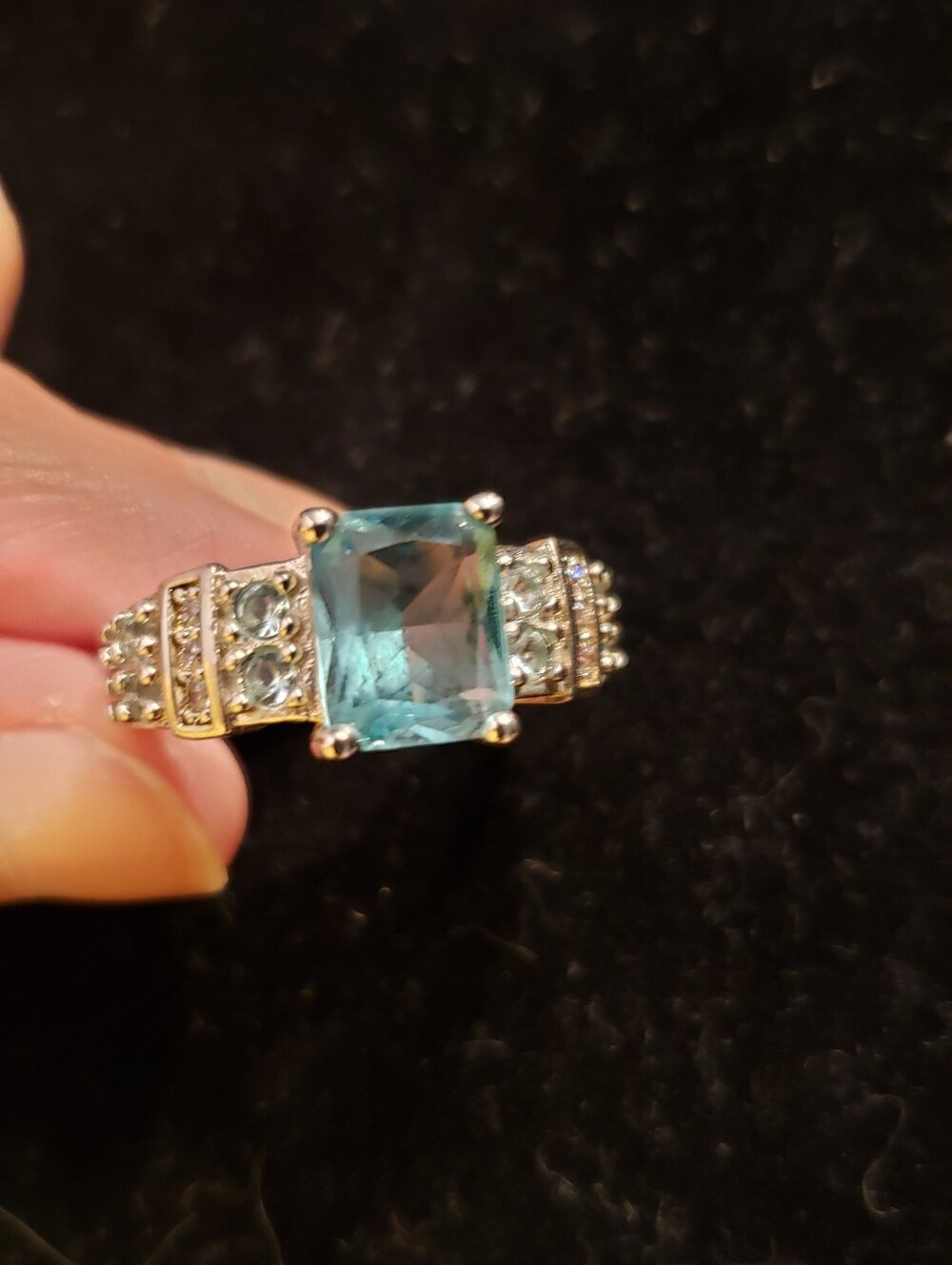 NEW Sterling Stamped S925 emerald-cut Aquamarine, Size 10 Flanked W/smaller Aqua - Picture 2 of 8